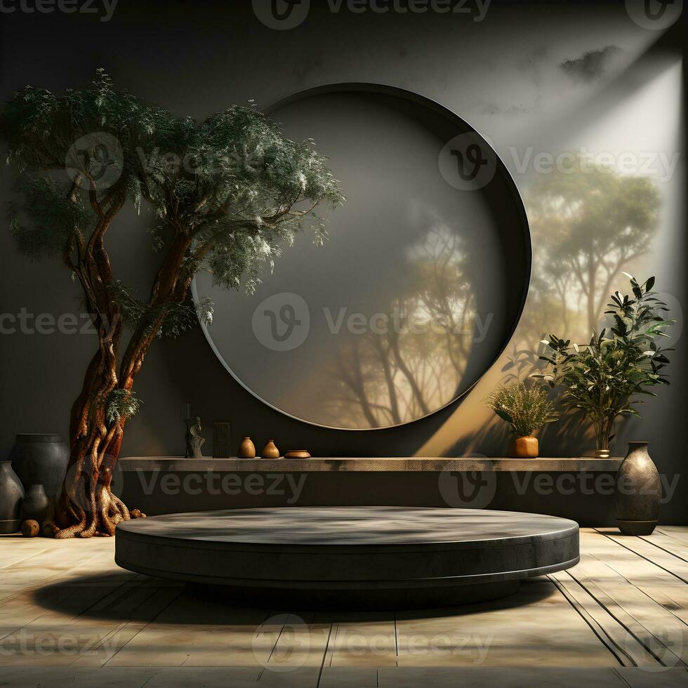 3D Podium of Black Palm, Stone, and Rock with Neon Lighting on Total Black Palette and Circular Copy Space Background. Generative AI photo