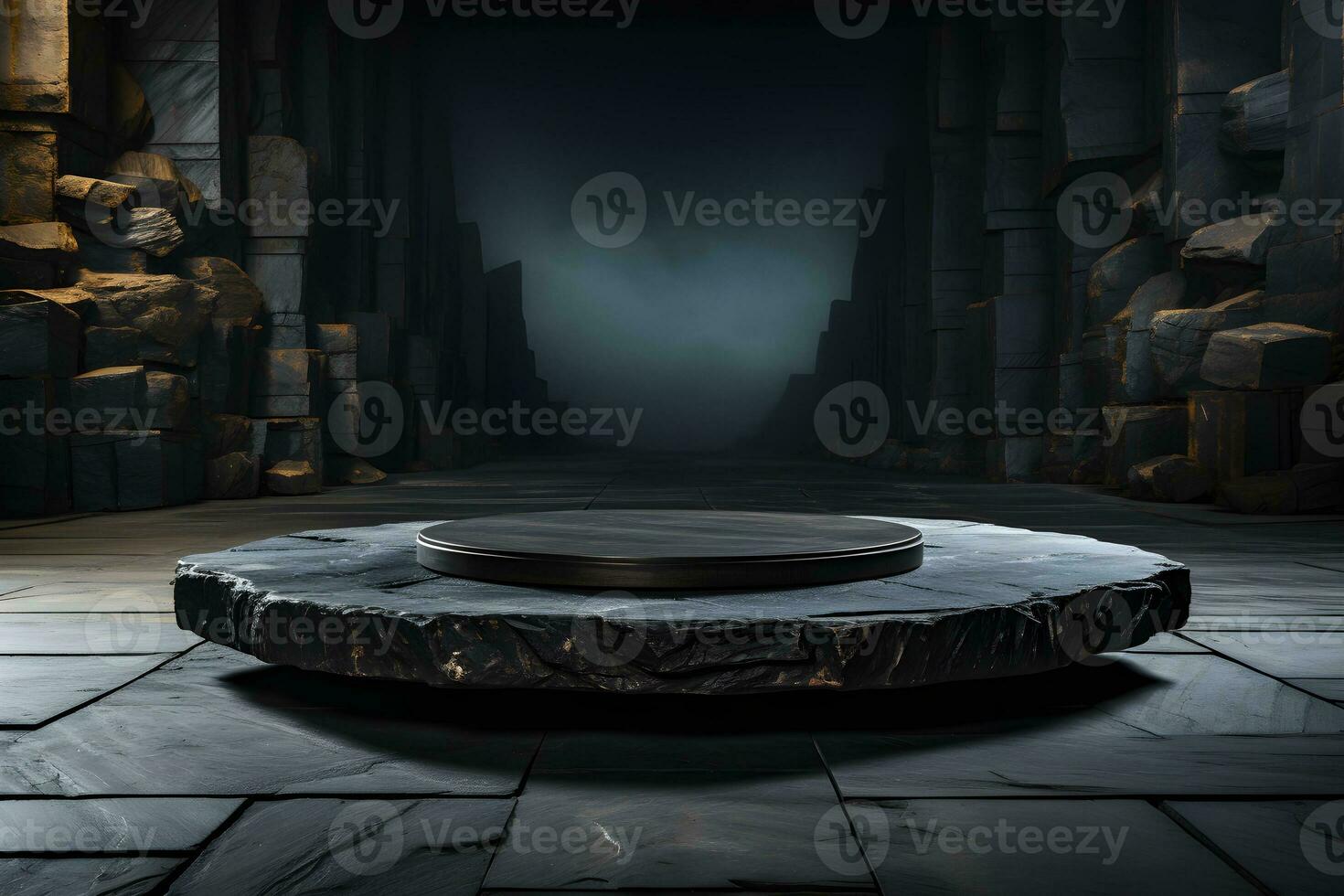 Stone and rock shape 3d render illustration. Round podium, pedestal for brand product exhibition. Solid dark black color AI Generative Illustration. photo