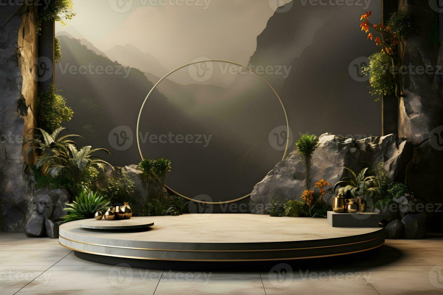 3D realistic podium for product shooting with a lot of space to put a product with Abstract scene concept AI Generative Illustration. photo