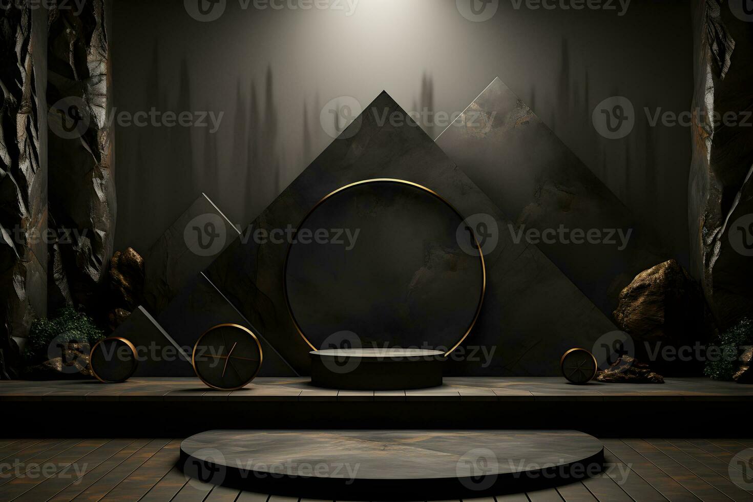 Futuristic dark room with stone floor, 3d render. AI Generative Illustration. Podium for product shoot. photo