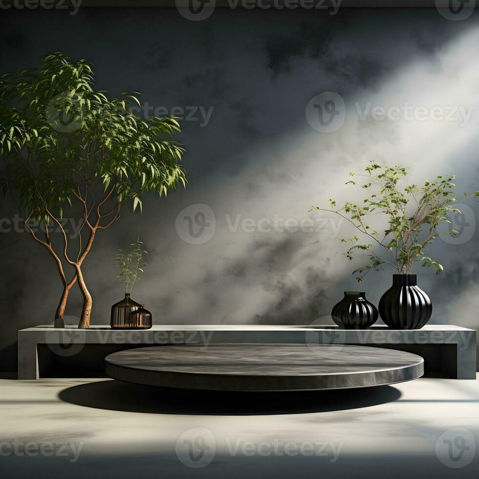 3d render of black and gold pedestal podium on background with neon stage light abstract minimal concept decorate with plant, blank space luxury minimal clean design AI Generative photo