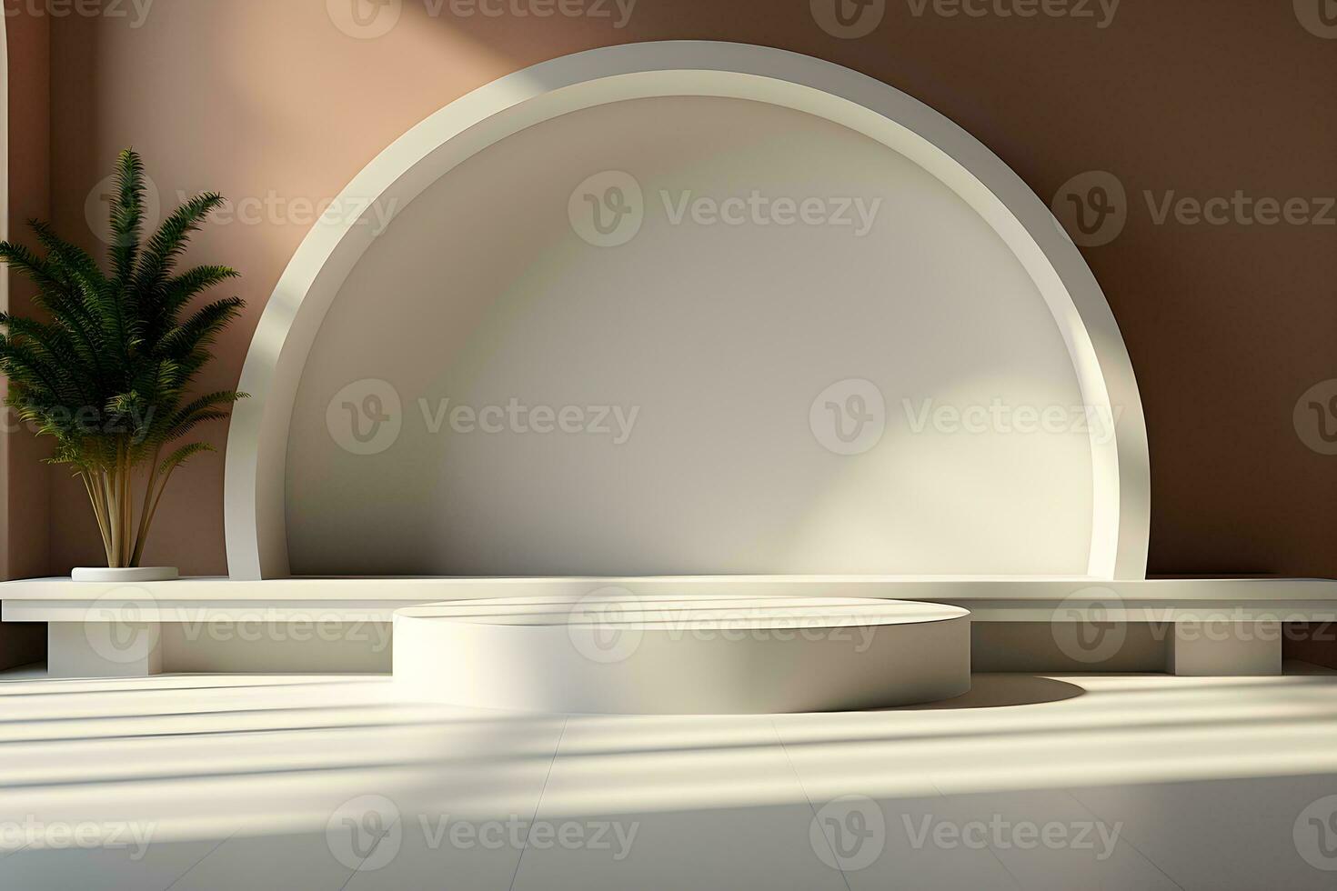 3d render of white round podium on the wooden floor in the modern room. AI Generative Illustration. Podium for product shoot. Minimal Display for product. photo