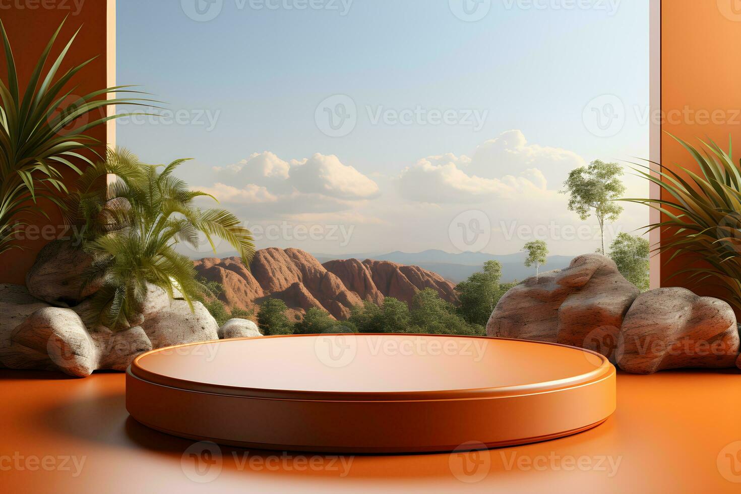 3D realistic podium for product shooting with a lot of space to put a product with Abstract scene concept AI Generative Illustration. photo