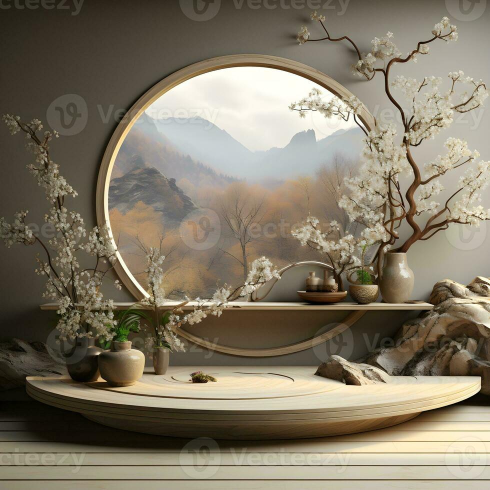 3d render, abstract minimal scene with round podium and mountains in the background AI Generative Illustration. Podium for product shoot. photo