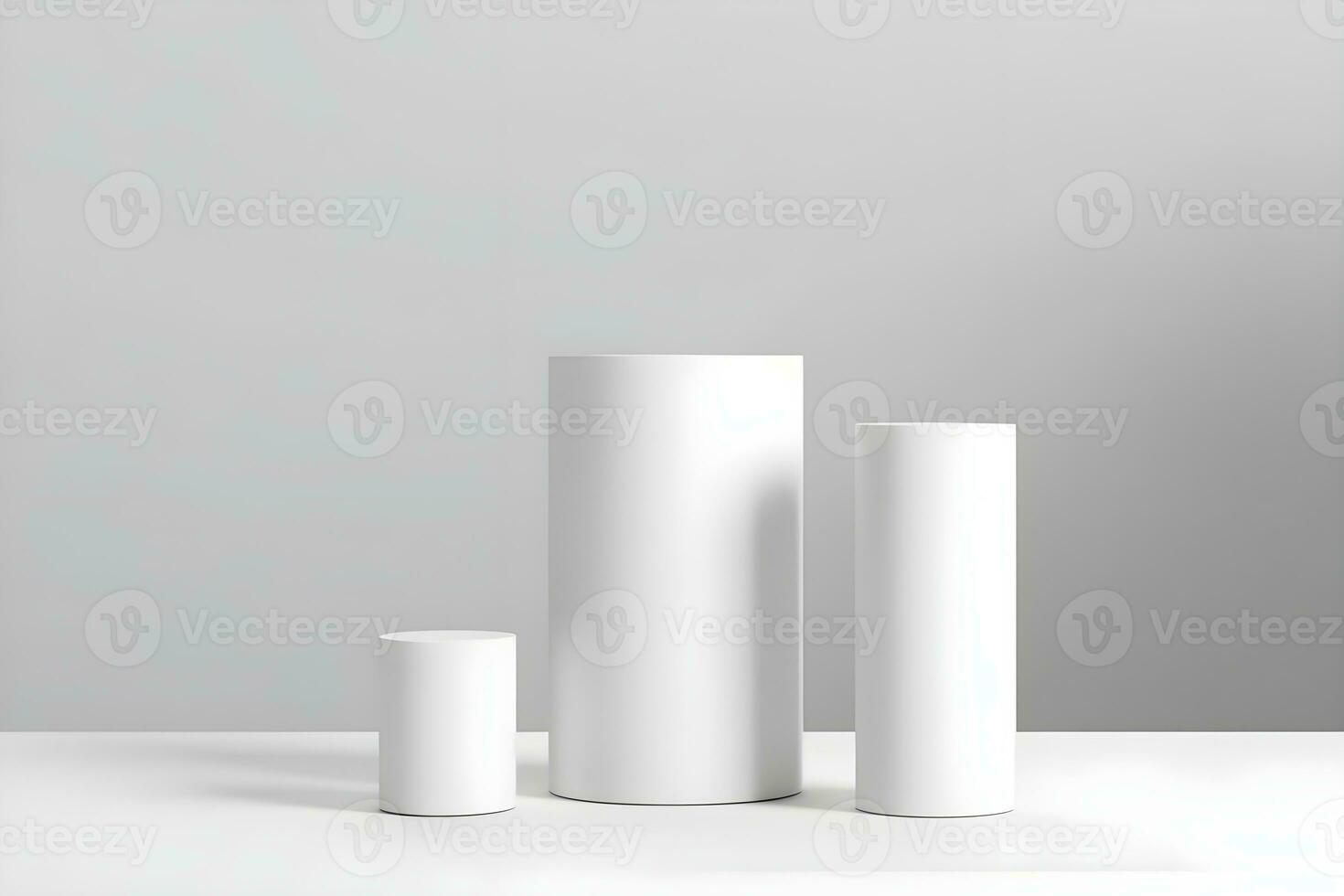 3d render of white round podium on the wooden floor in the modern room. AI Generative Illustration. Podium for product shoot. Marble , plant, Minimal Display for product. photo