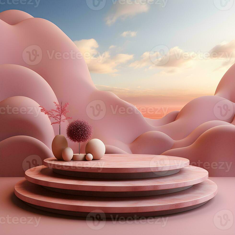 3d render, abstract minimal scene with round podium and mountains in the background AI Generative Illustration. Podium for product shoot. photo