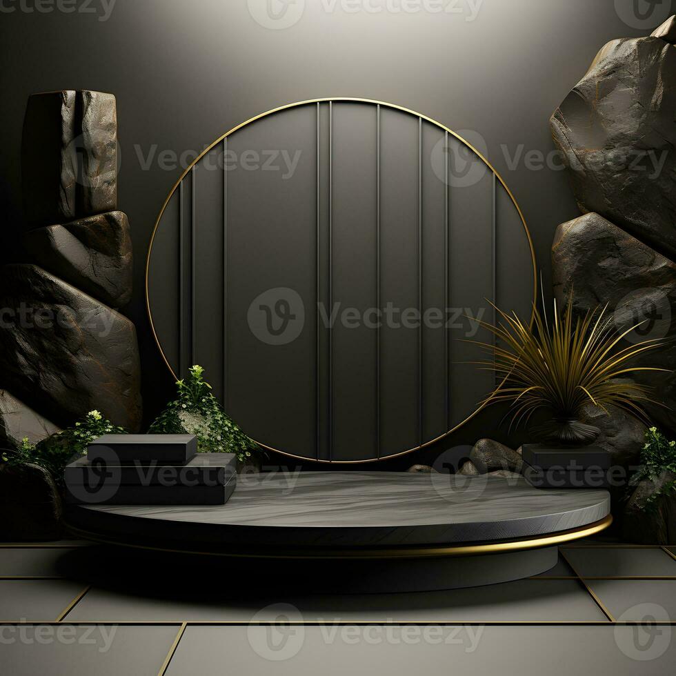 Black stone circle podium pedestal product stage platform 3d background. Generative AI photo