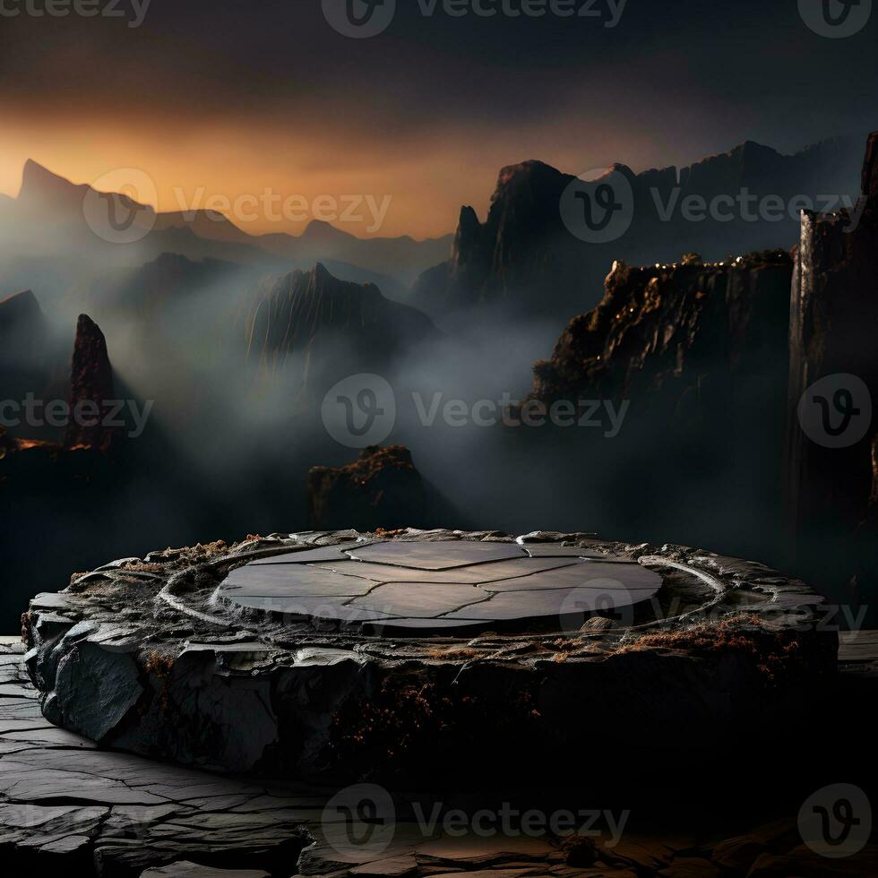 Black stone circle podium pedestal product stage platform 3d background. Generative AI photo