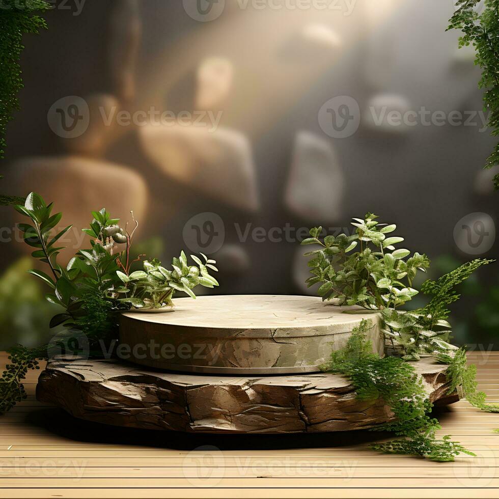 placed on a wooden platform with a leafy shadow. Mockup for a cosmetics or beauty product. pedestal of natural stone steps. Modernnd trendy graphic and ban aner. Generative AI photo