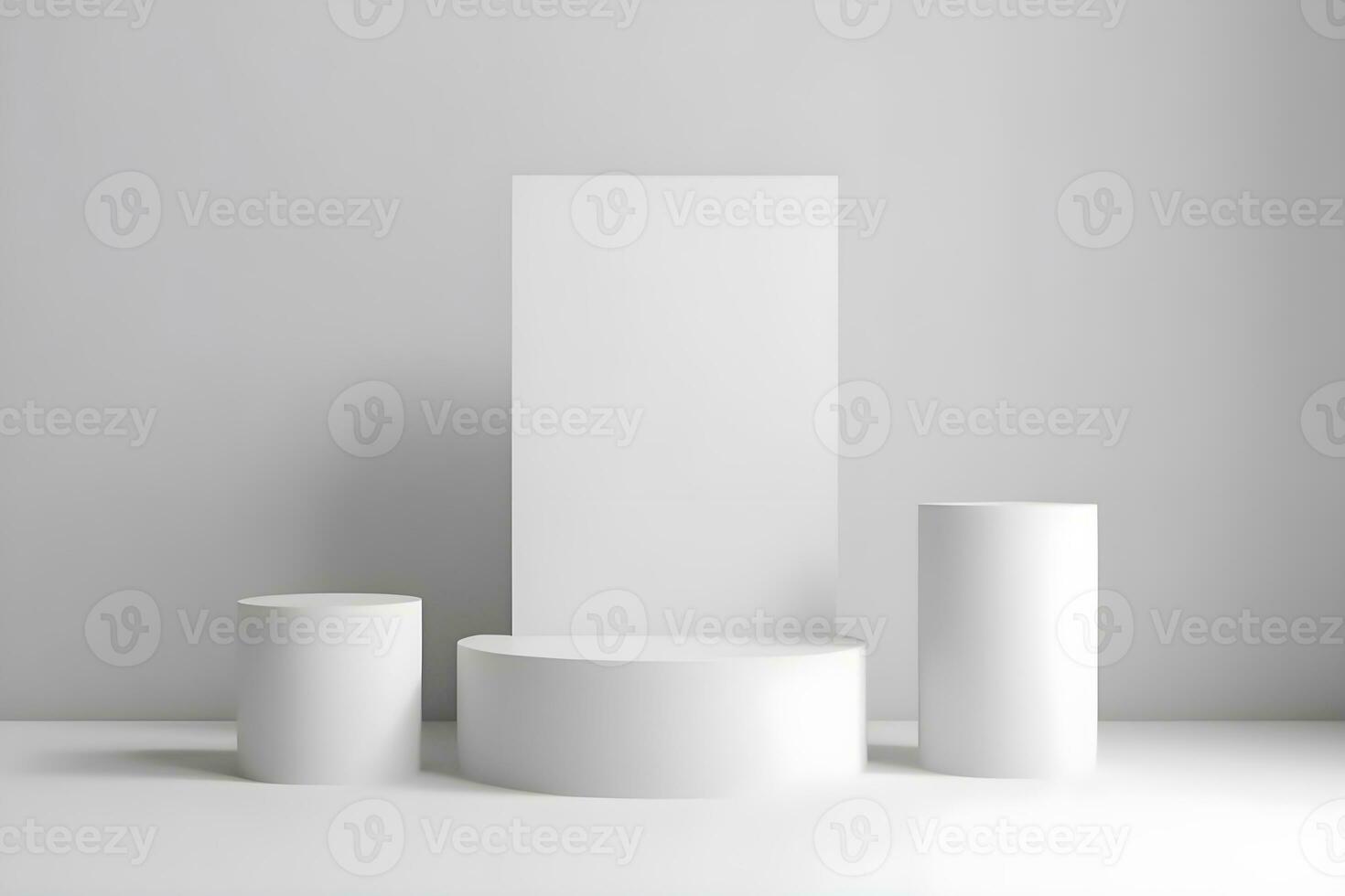 3d render of white round podium on the wooden floor in the modern room. AI Generative Illustration. Podium for product shoot. Marble , plant, Minimal Display for product. photo