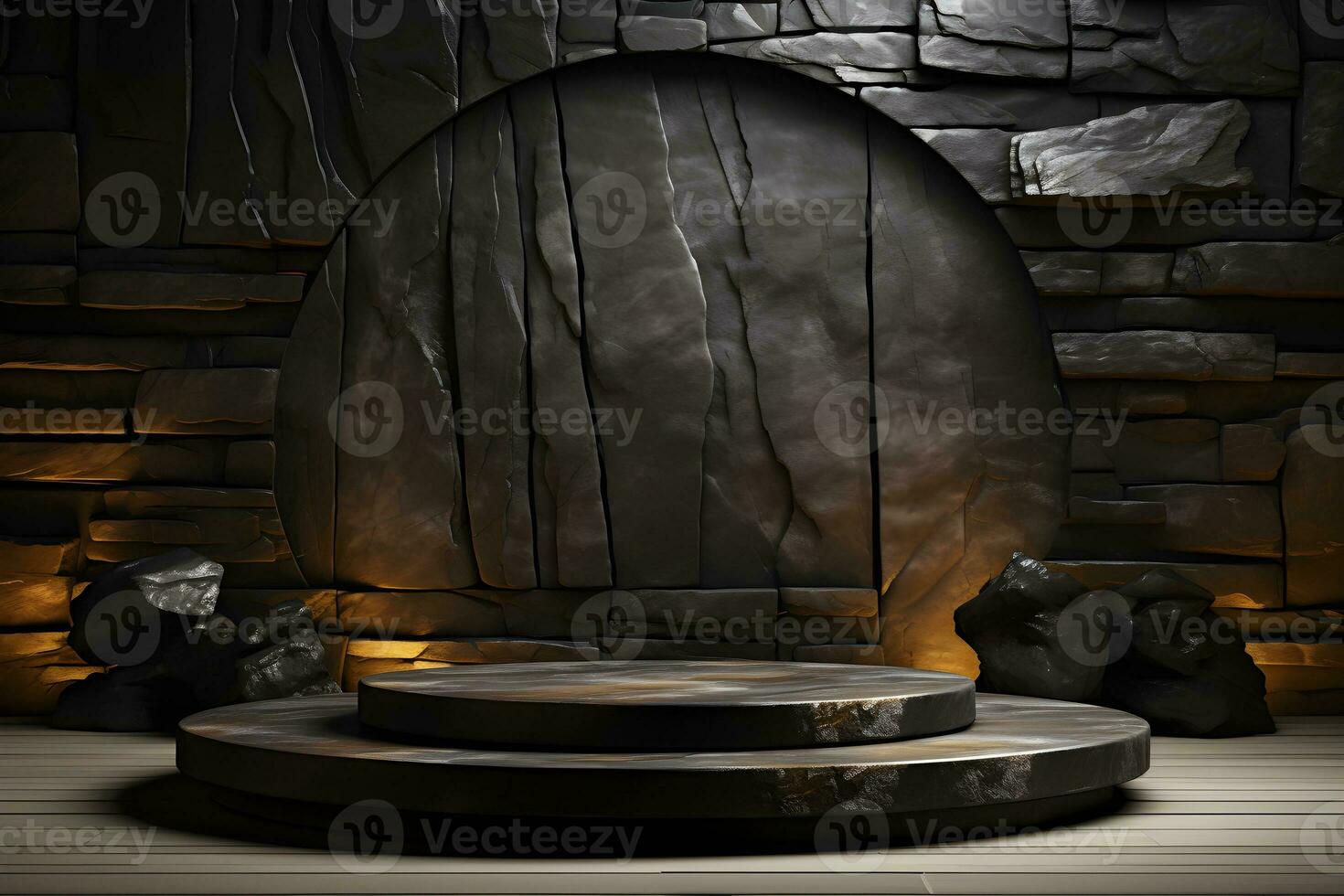 Stone and rock shape 3d render illustration. Round podium, pedestal for brand product exhibition. Solid dark black color AI Generative Illustration. photo