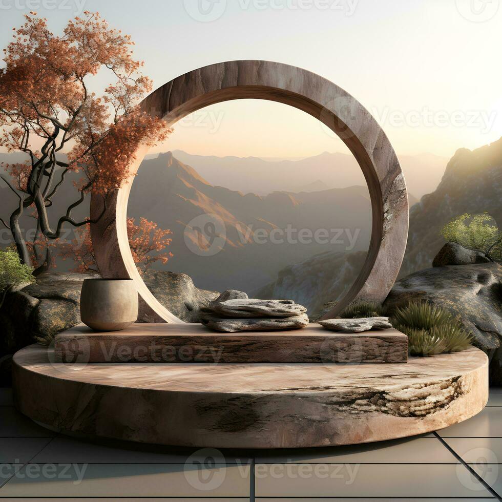 placed on a wooden platform with a leafy shadow. Mockup for a cosmetics or beauty product. pedestal of natural stone steps. Modern and trendy graphic and banner. Generative AI photo