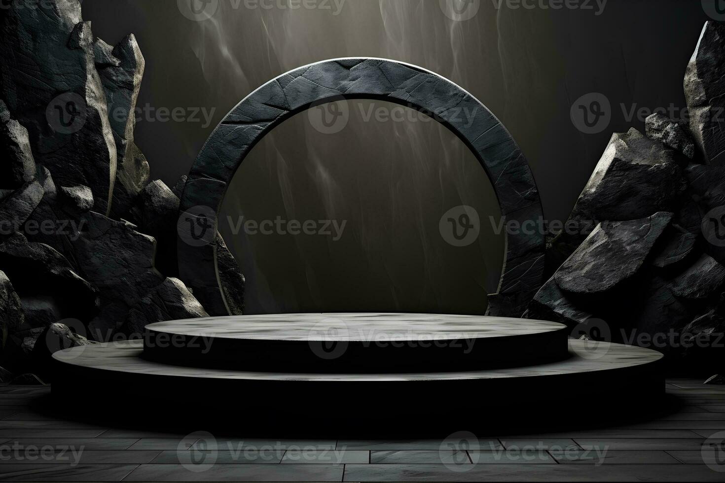 Futuristic dark room with stone floor, 3d render. AI Generative Illustration. Podium for product shoot. photo