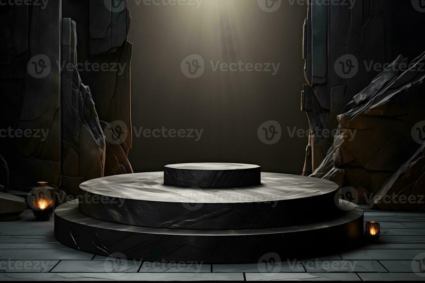 Futuristic dark room with stone floor, 3d render. AI Generative Illustration. Podium for product shoot. photo