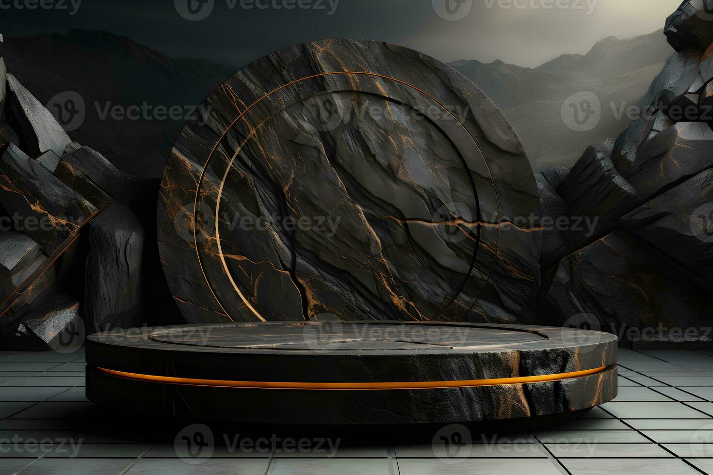 Futuristic dark room with stone floor, 3d render. AI Generative Illustration. Podium for product shoot. photo