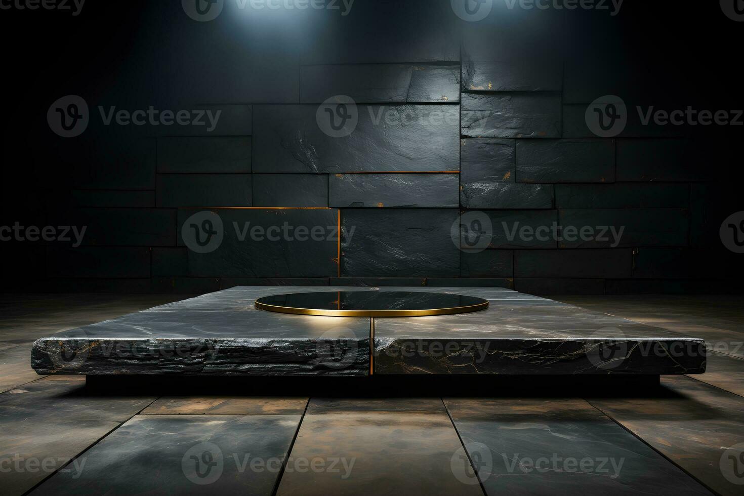 Futuristic dark room with stone floor, 3d render. AI Generative Illustration. Podium for product shoot. photo