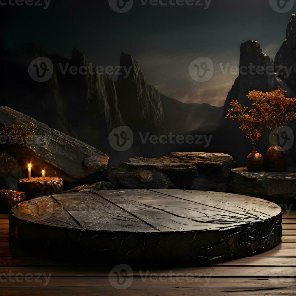 Black stone circle podium pedestal product stage platform 3d background. Generative AI photo
