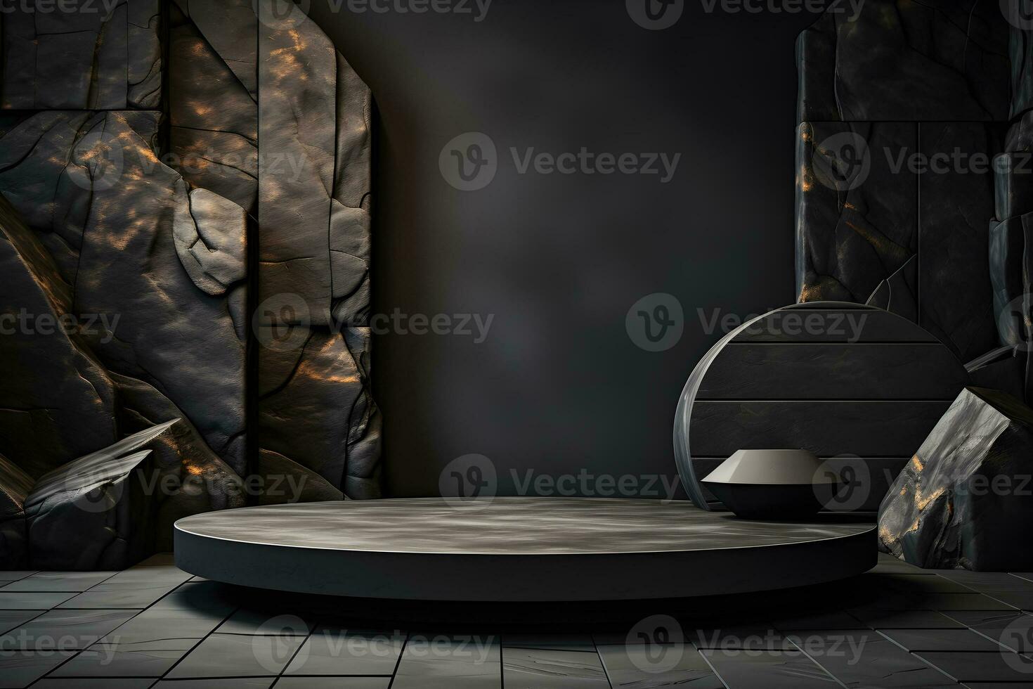 Stone and rock shape 3d render illustration. Round podium, pedestal for brand product exhibition. Solid dark black color AI Generative Illustration. photo