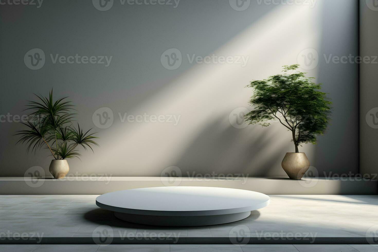 3d render of white round podium on the wooden floor in the modern room. AI Generative Illustration. Podium for product shoot. Minimal Display for product. photo