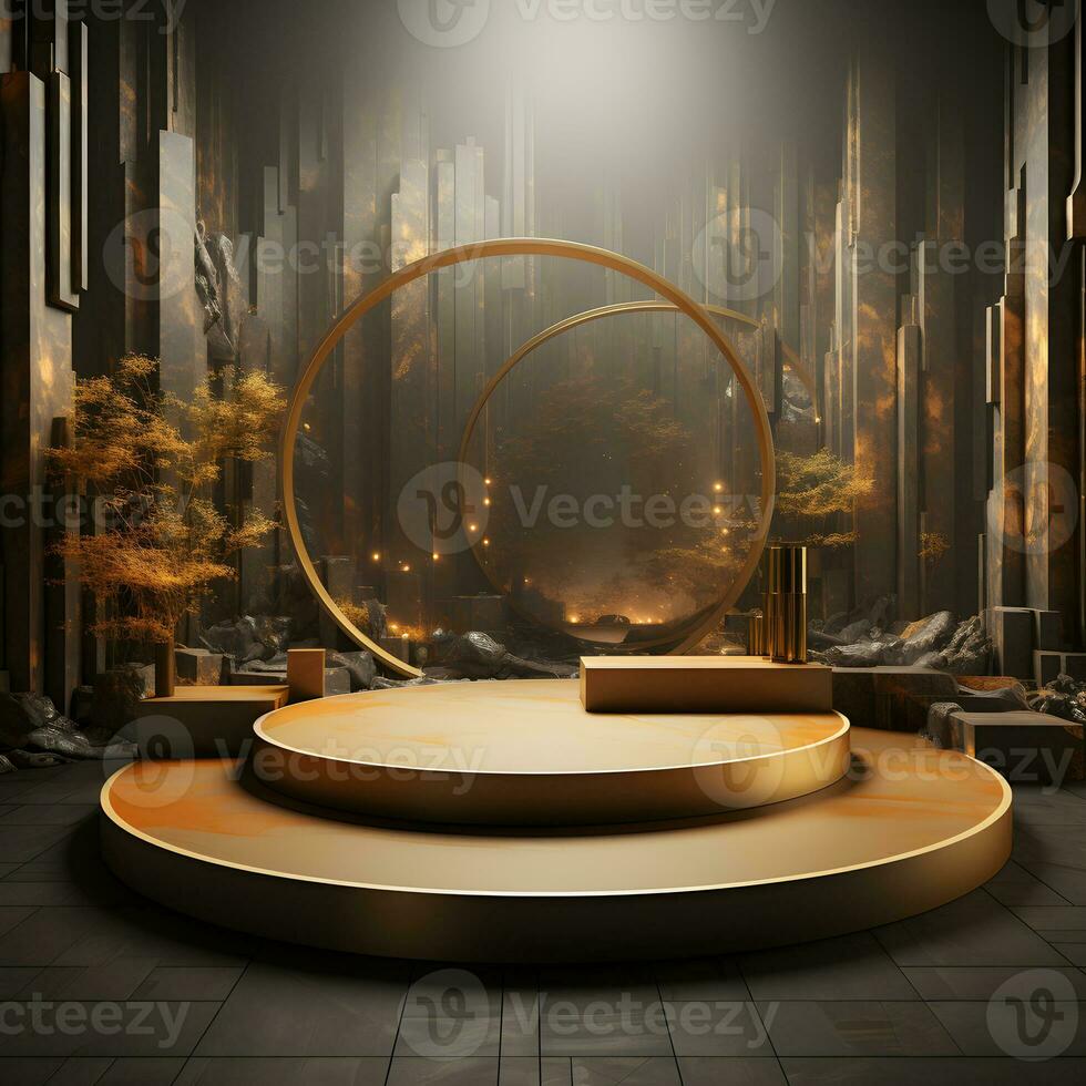 3d render of black and gold pedestal podium on background with neon stage light abstract minimal concept decorate with plant, blank space luxury minimal clean design AI Generative photo