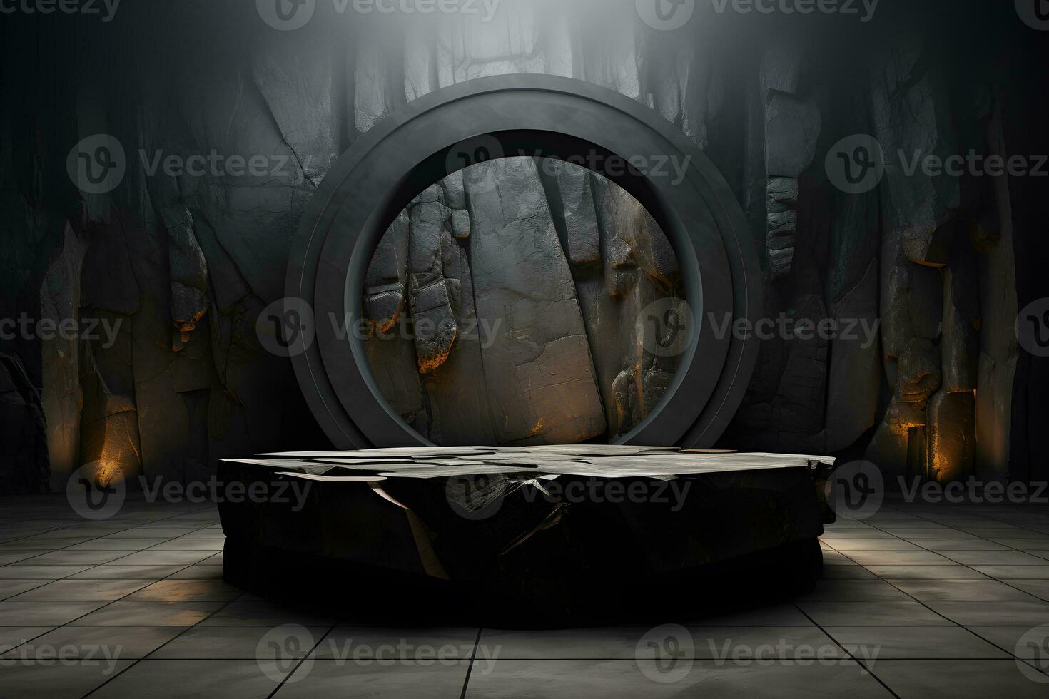 Futuristic dark room with stone floor, 3d render. AI Generative Illustration. Podium for product shoot. photo