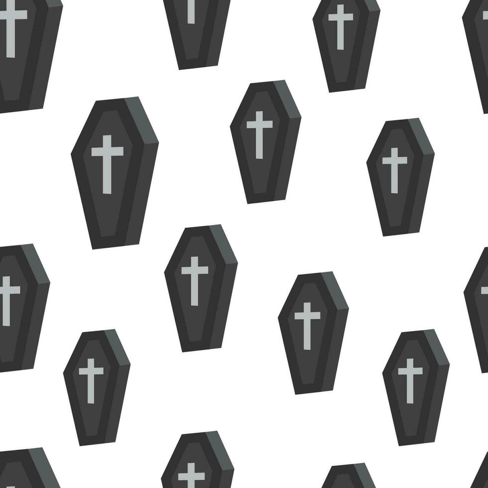 Seamless pattern with coffins and crosses on a white background. Halloween wallpaper. Vector illustration