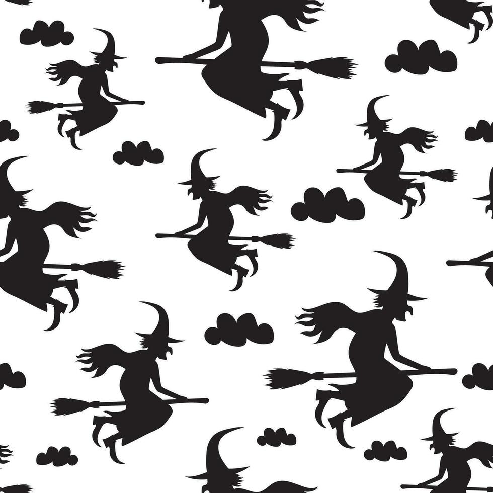 Seamless pattern with black witch on a white background. Halloween wallpaper. Vector illustration