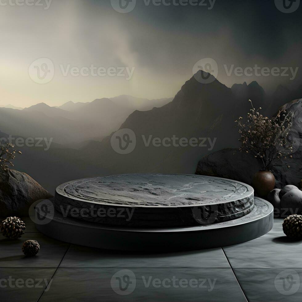 Black stone circle podium pedestal product stage platform 3d background. Generative AI photo