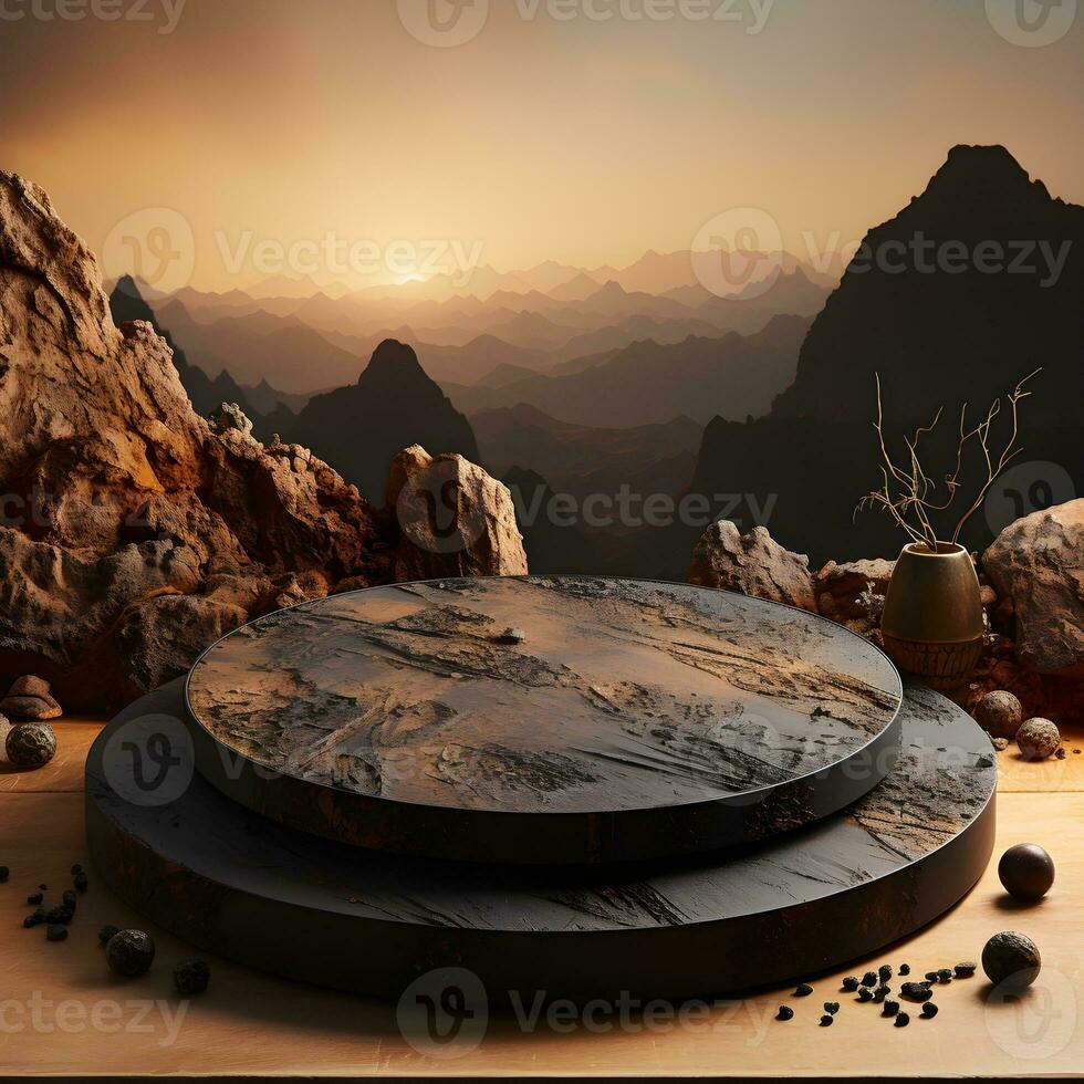 Black stone circle podium pedestal product stage platform 3d background. Generative AI photo