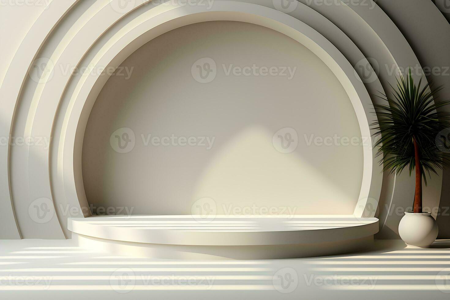 3d render of white round podium on the wooden floor in the modern room. AI Generative Illustration. Podium for product shoot. Minimal Display for product. photo