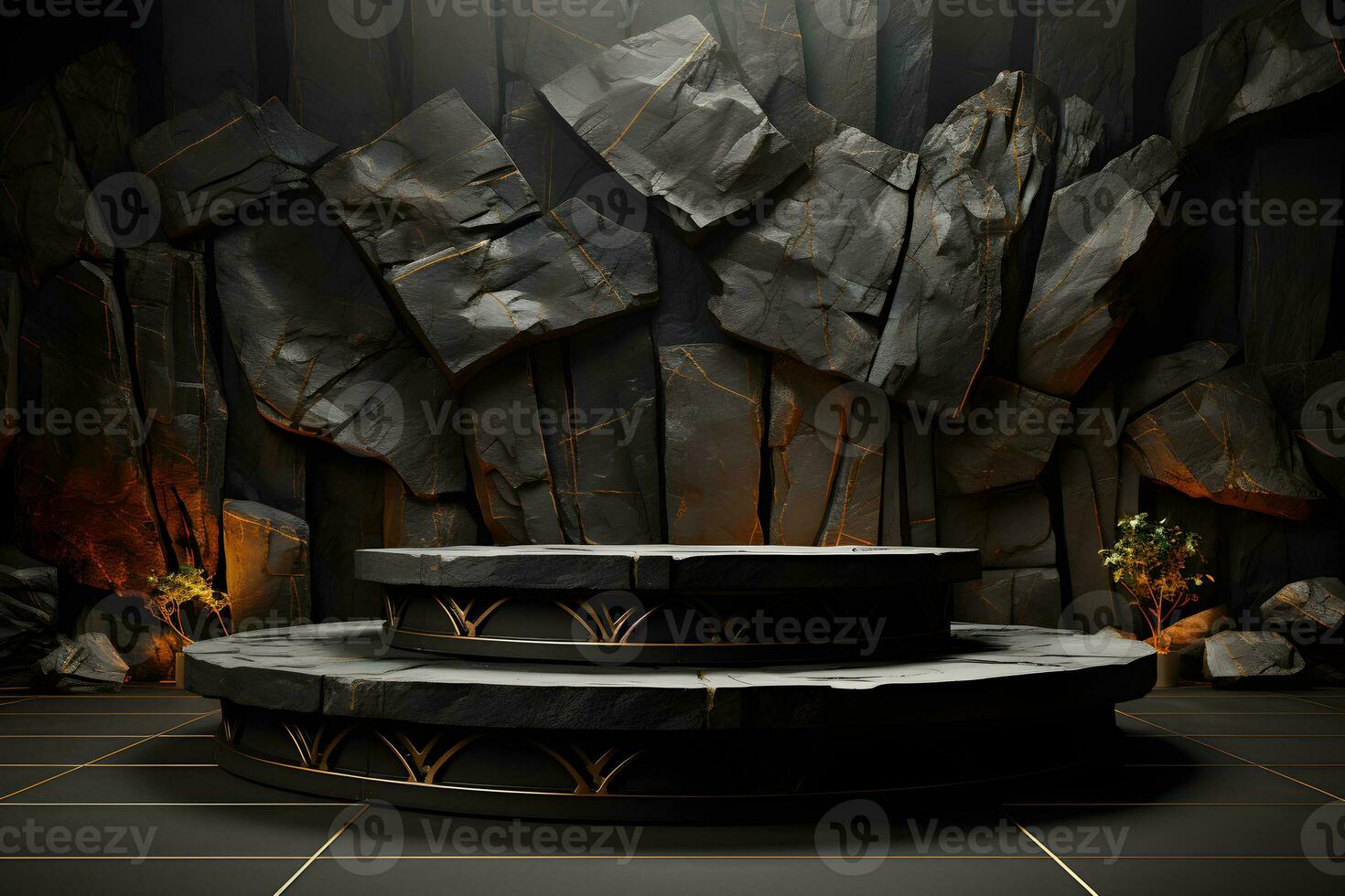 Futuristic dark room with stone floor, 3d render. AI Generative Illustration. Podium for product shoot. photo