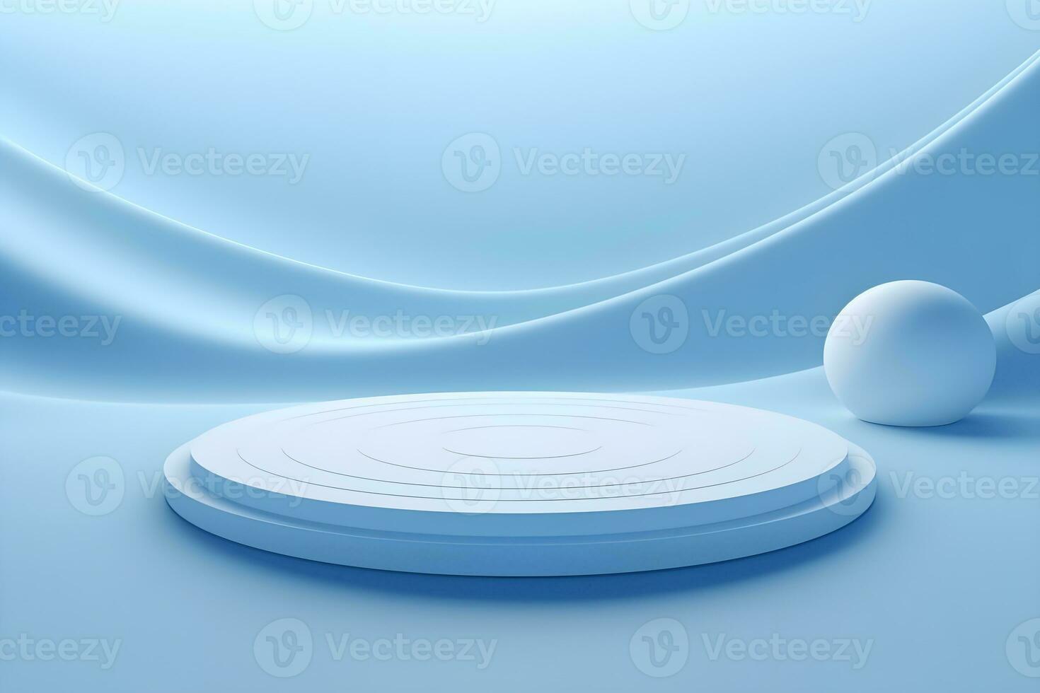 3d rendering of white circle on blue background with some water drops AI Generative Illustration. Podium for product shoot. photo