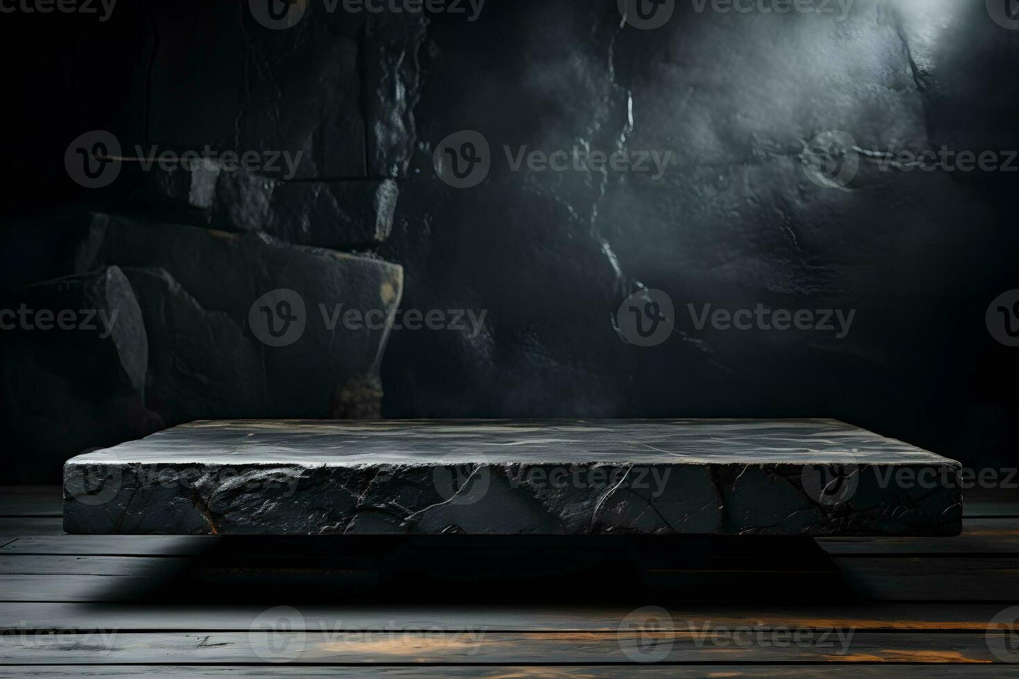 Stone and rock shape 3d render illustration. Round podium, pedestal for brand product exhibition. Solid dark black color AI Generative Illustration. photo