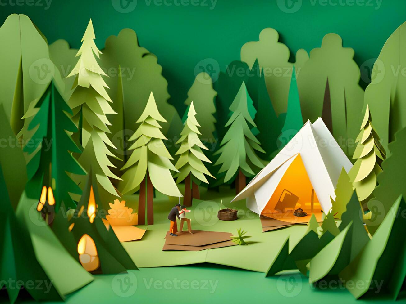 forest in a mountain landscape with tent, camping. 3d illustration. photo