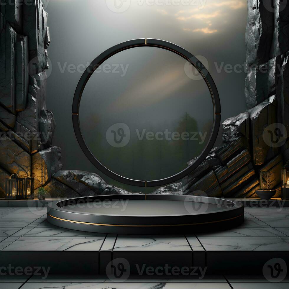 Stone and rock shape 3d render illustration. Round podium, pedestal for brand product exhibition. Solid dark black color AI Generative Illustration. photo