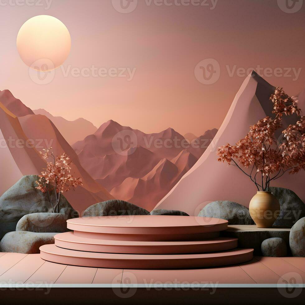 3d render, abstract minimal scene with round podium and mountains in the background AI Generative Illustration. Podium for product shoot. photo