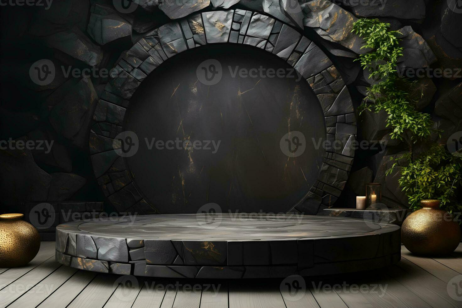 Stone and rock shape 3d render illustration. Round podium, pedestal for brand product exhibition. Solid dark black color AI Generative Illustration. photo