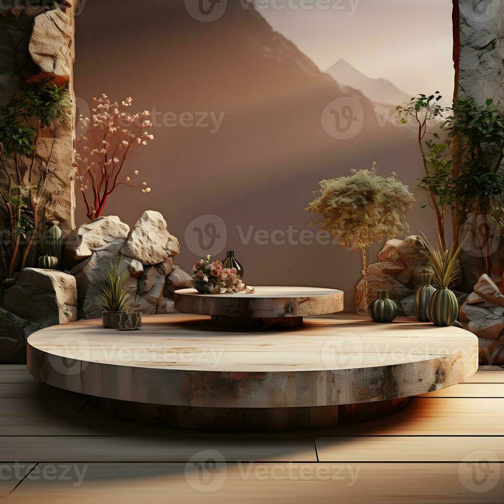 3d render, abstract minimal scene with round podium and mountains in the background AI Generative Illustration. Podium for product shoot. photo