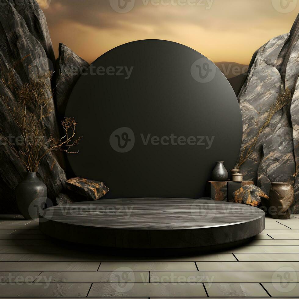 Black stone circle podium pedestal product stage platform 3d background. Generative AI photo