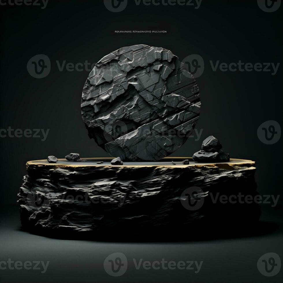 Black stone circle podium pedestal product stage platform 3d background. Generative AI photo