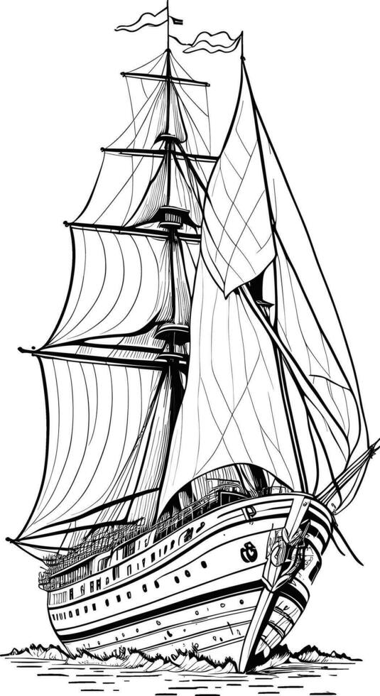 Old vintage sailing boat, caravel, hand-drawn vector sketch.