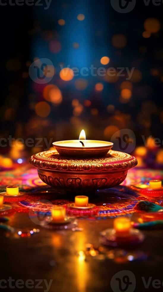 Candle light and bokeh celebrate Indian Holiday Diwali. AI Generative. photo