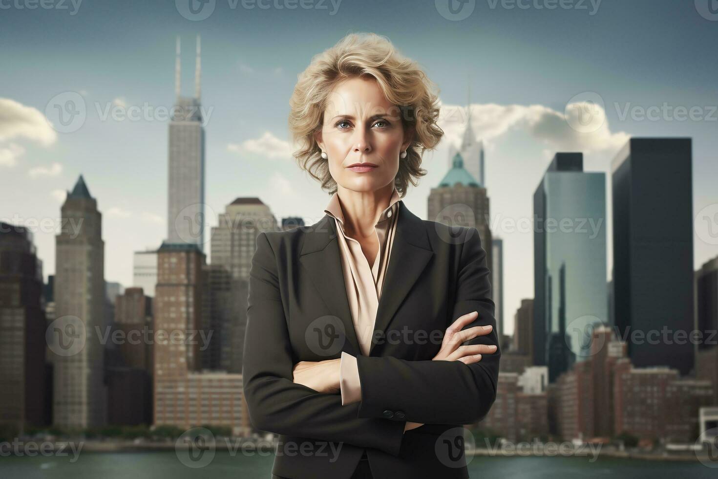 55-year-old business woman against city background. AI generative photo