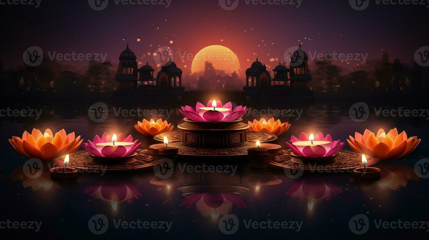 Candles lights and city bokeh background celebrate Indian Holiday Diwali. AI Generative. photo