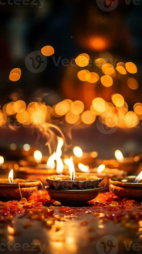 Many candles lights and bokeh celebrate Indian Holiday Diwali. AI Generative. photo