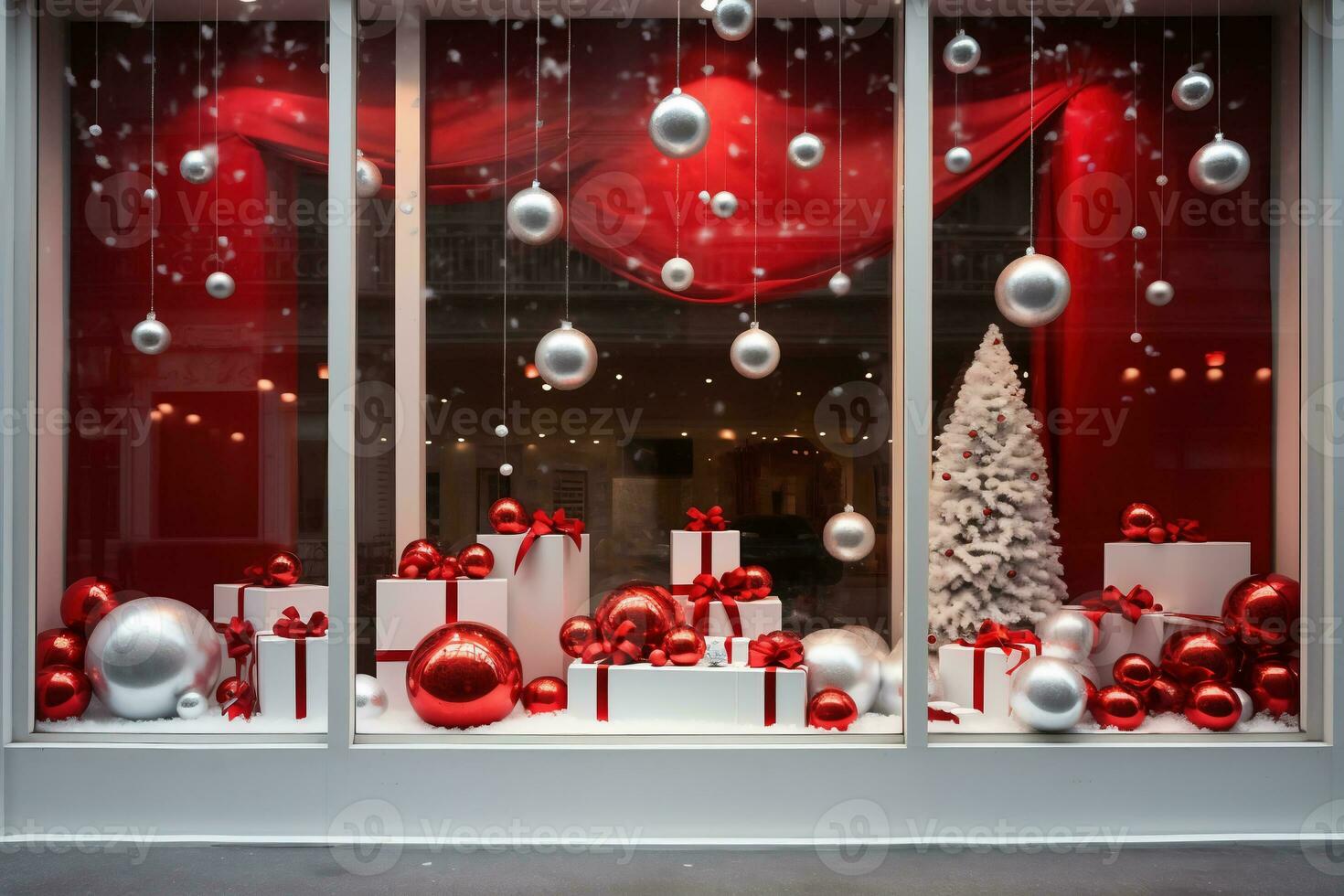 Shop Window with festive red white Christmas decorations. AI Generative photo