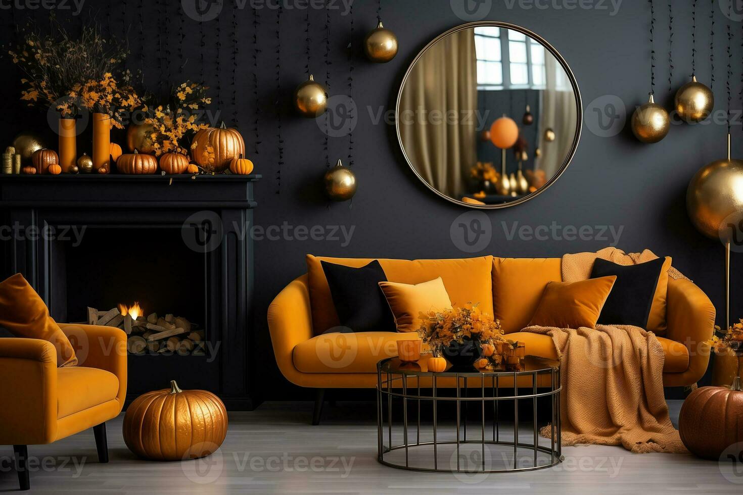 Modern living room with sofa and fireplace decorated with pumpkins for thanksgiving day. AI Generative photo