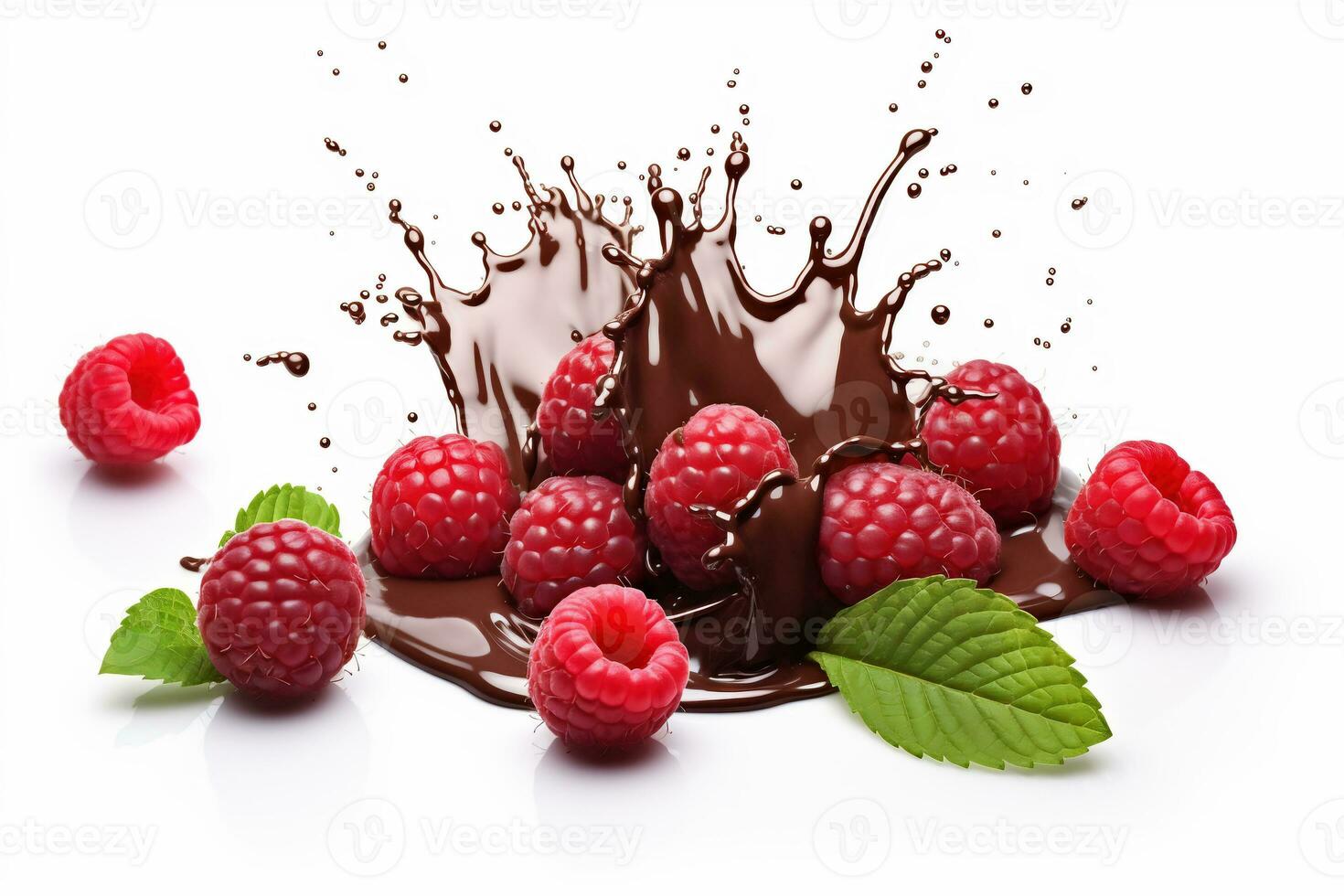 Chocolate splash with raspberries on white background. AI Generative photo