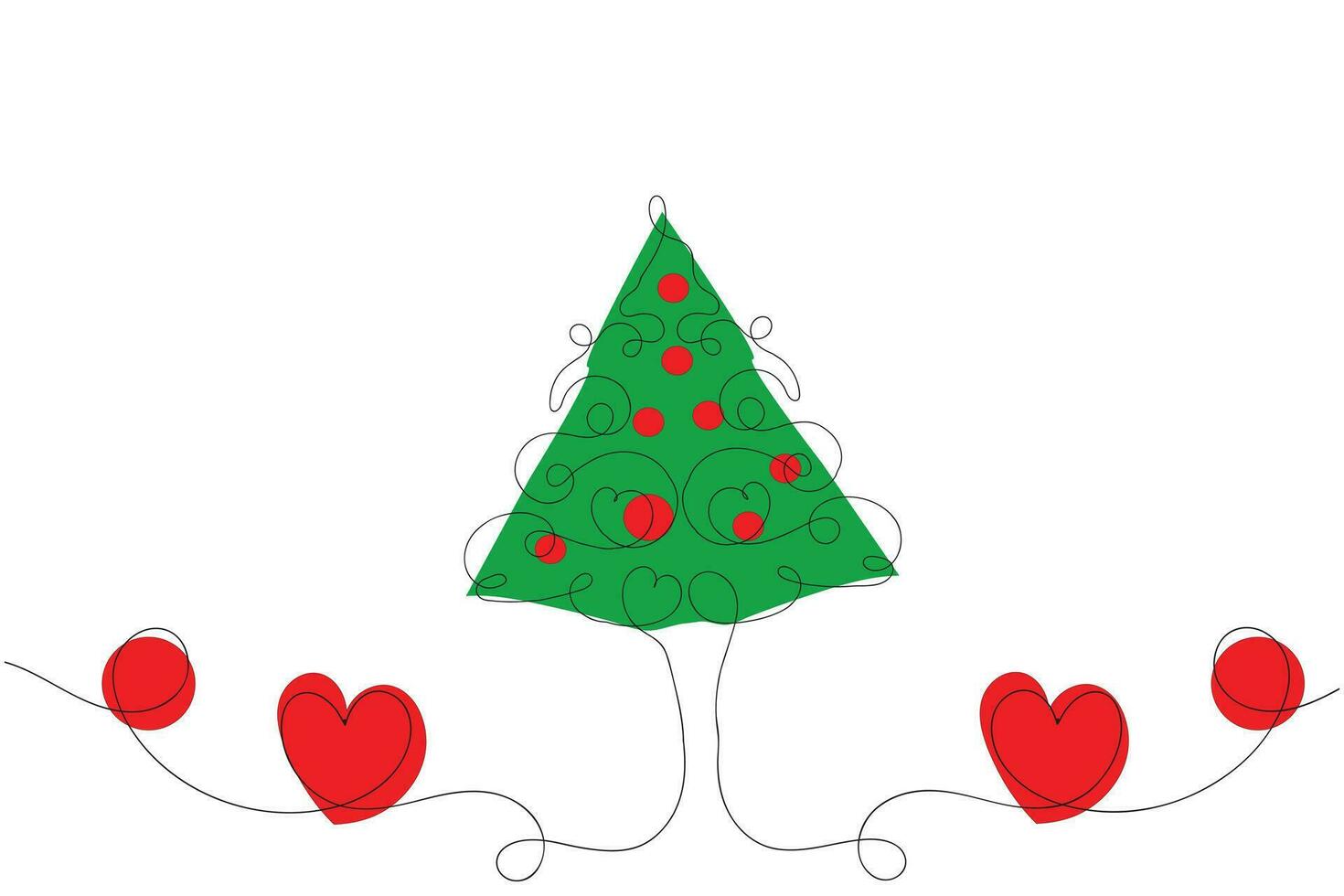 Hand drawn Thin continuous line Christmas tree with hearts Symbol vector, one line pine fir tree romantic relationship love sign, Minimalistic Outline single line art holiday cards decorations vector