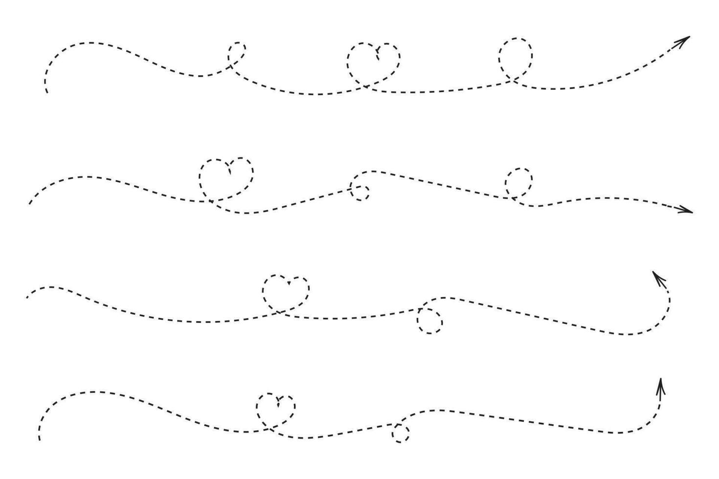 Hand drawn Thin continuous line lovely hearts style curved Dotted arrow vector, one line left right direction love sign with pen dashed line arrows, Minimalistic Outline single line way decorations vector